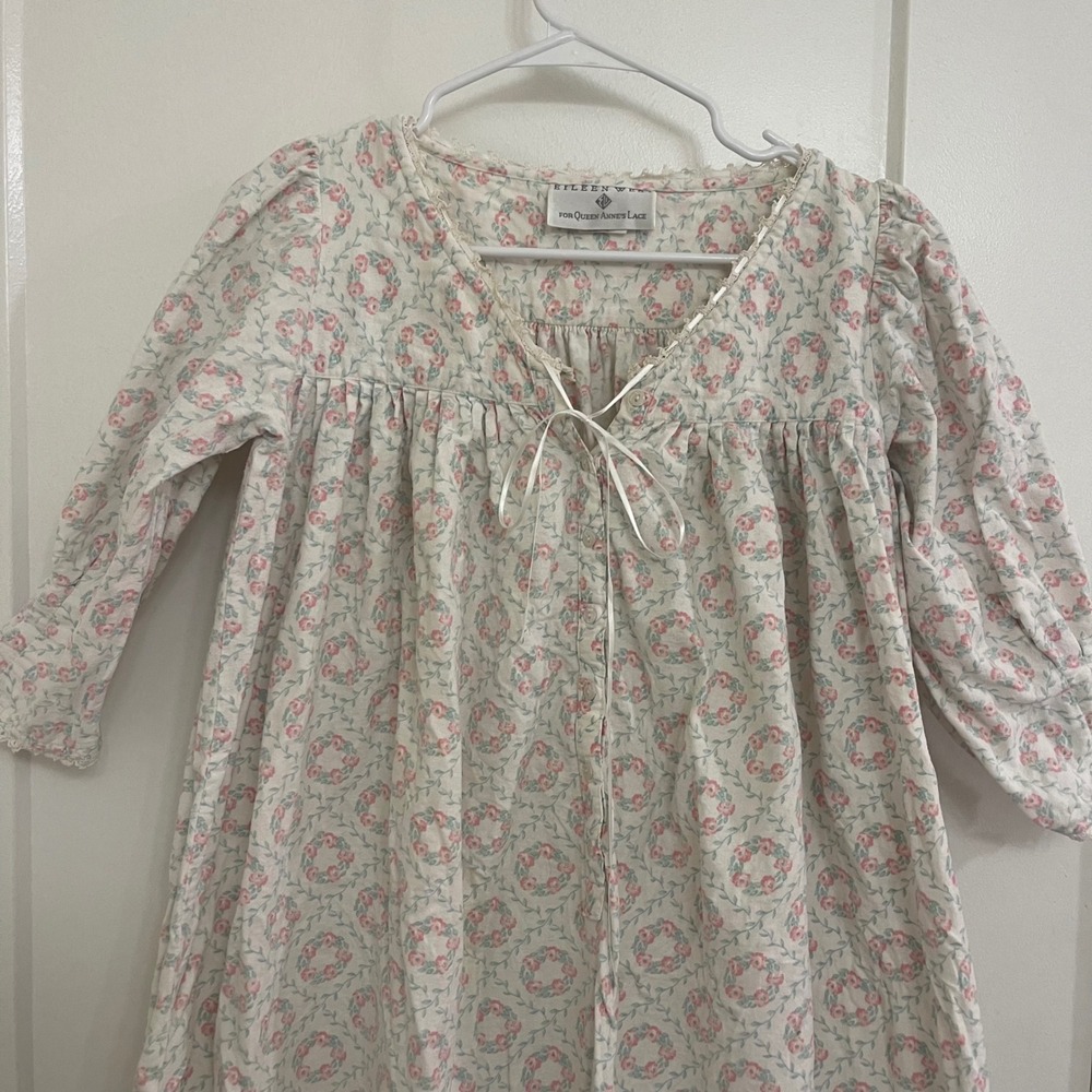 Vintage Eileen West Queen Anne's Lace Nightgown Wreath Print Quarter Sleeve - Picture 2 of 11